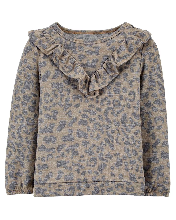 Blusa Infantil Manga Longa Babados Animal Print Multicor Tam 2 a 5